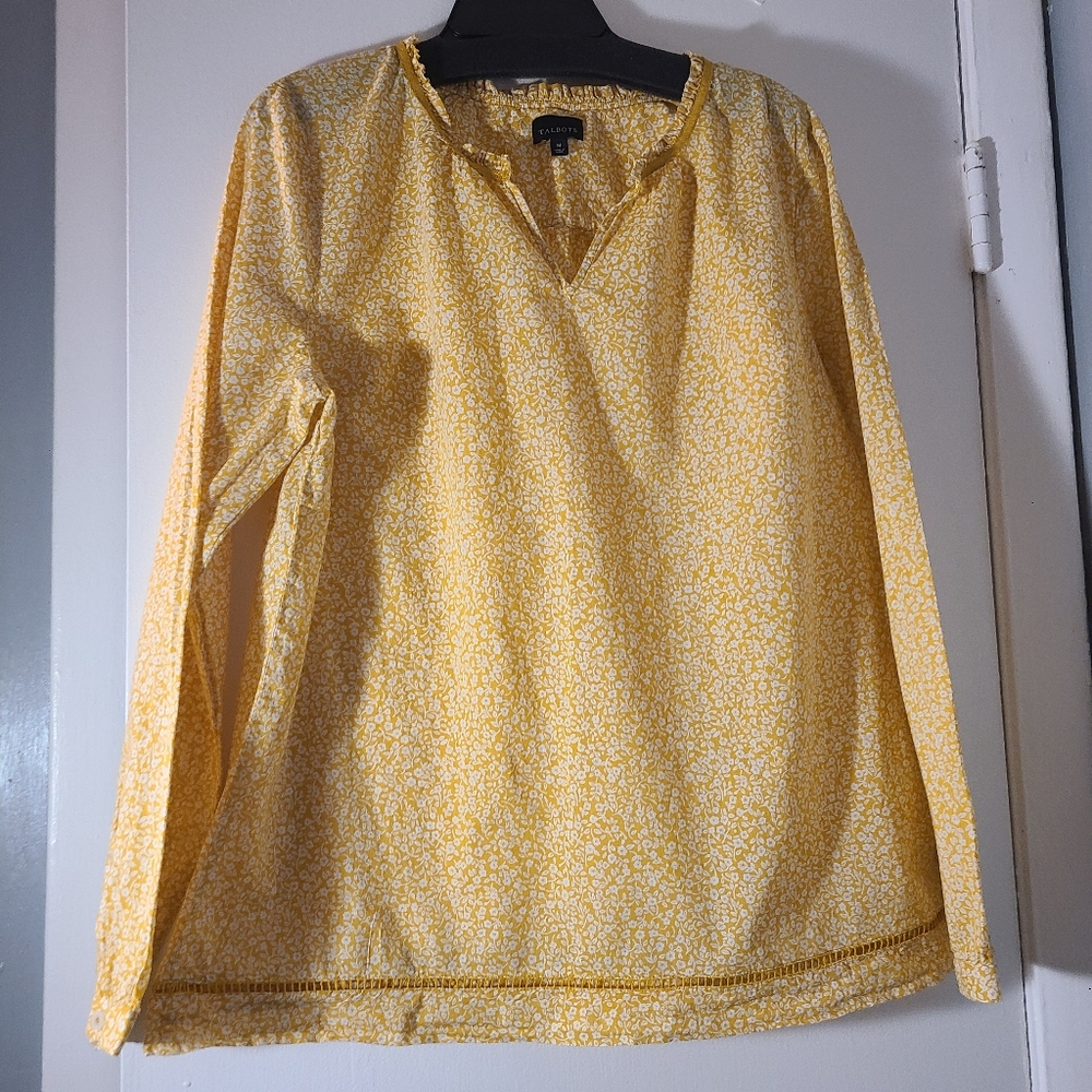 Talbot Fine Cotton Calico Golden Yellow and White flowers Long Sleeves Size M